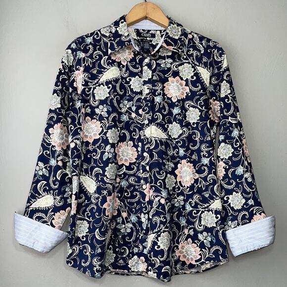 Chaps Button Up Shirt Size Medium Navy No Iron Cotton Career Contrast Cuffs - Picture 1 of 13